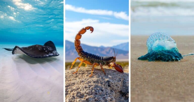 collage of some of the most dangerous animals in greece (stingray, scorpion, and man o war)