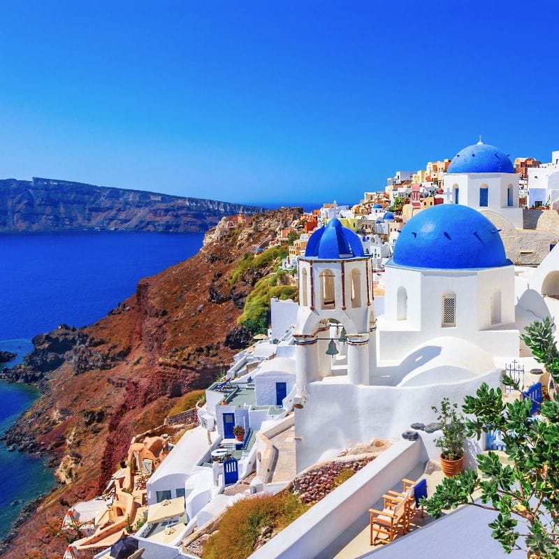 The famous blue roofs of Santorini island, Greece
