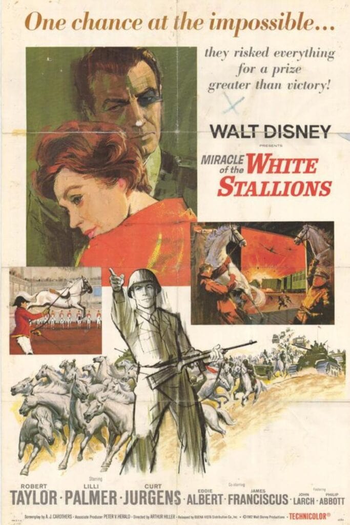 movie poster for Disney called "Miracle of the White Stallions" about Operation Cowboy in WWII that rescued Lipizzaner horses